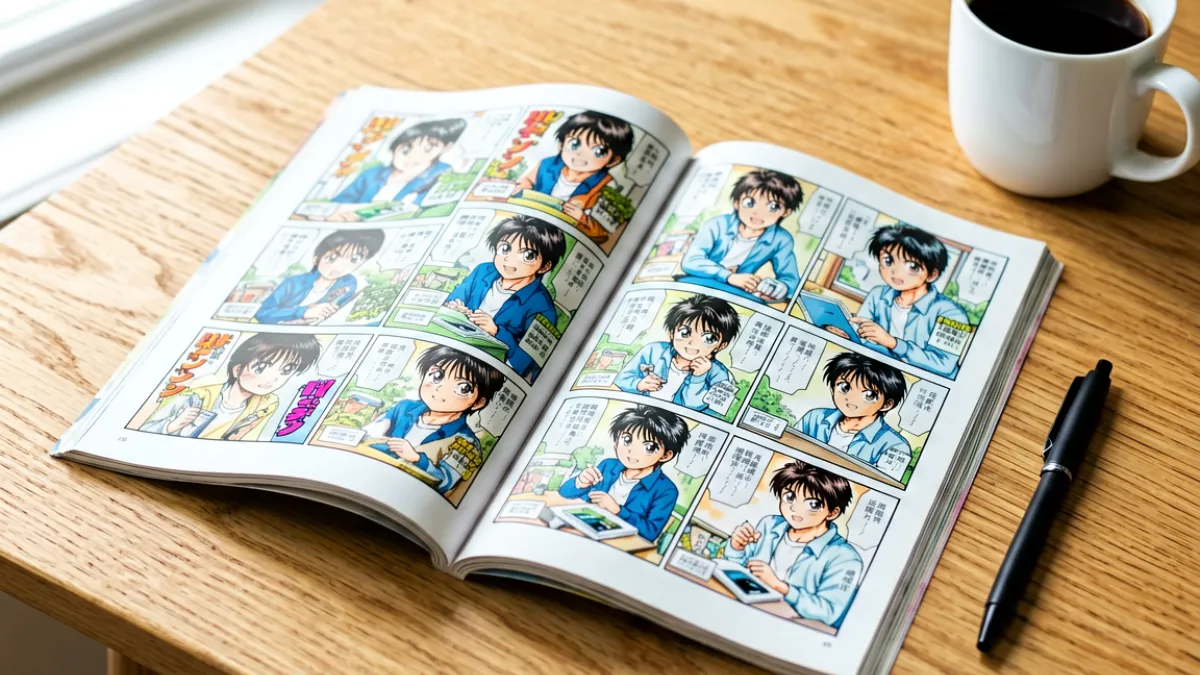 一本摊开的日本漫画杂志平铺在木质桌面上，页面中可见多个彩色分镜格，旁边放着一支黑色签字笔和一杯咖啡，整体氛围是安静的阅读场景
