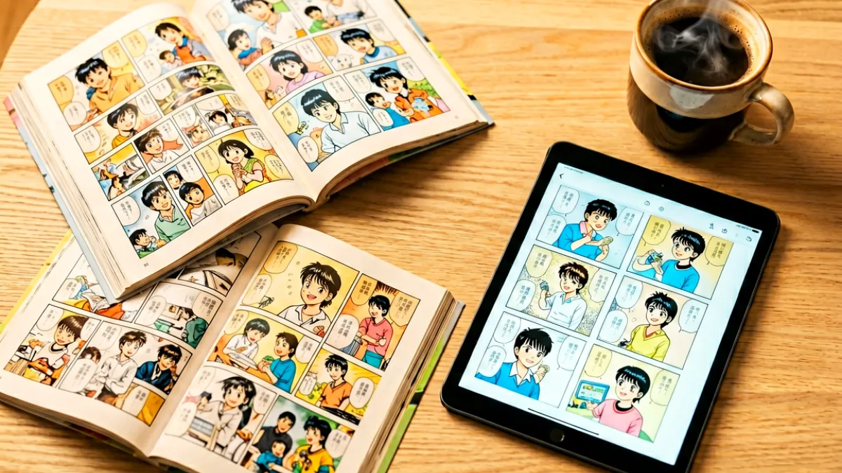 桌面上摆放着几本打开的漫画书和一杯咖啡，旁边是一台平板电脑显示着阅读界面