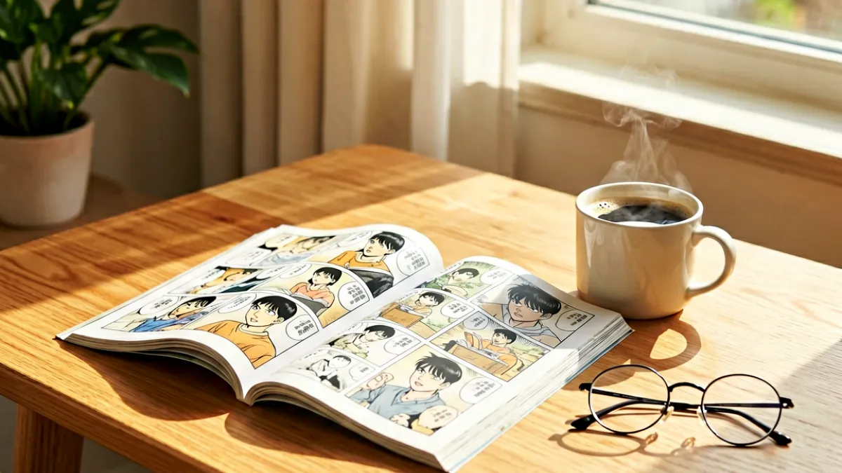 暖色调书桌上一本翻开的漫画杂志旁放着咖啡杯和眼镜，阳光从窗户斜照进来，整体氛围安静而舒适