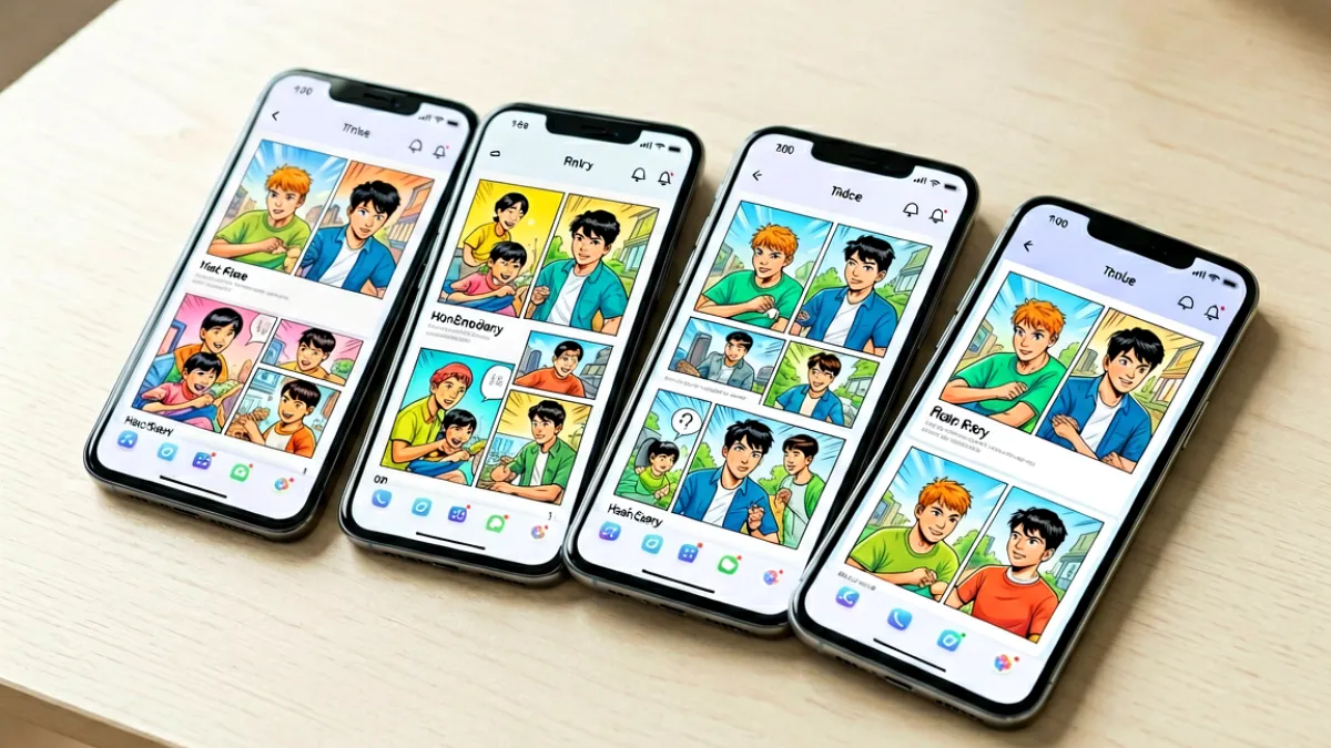 多个手机屏幕并排展示不同漫画阅读应用的界面，屏幕中可见彩色漫画页面