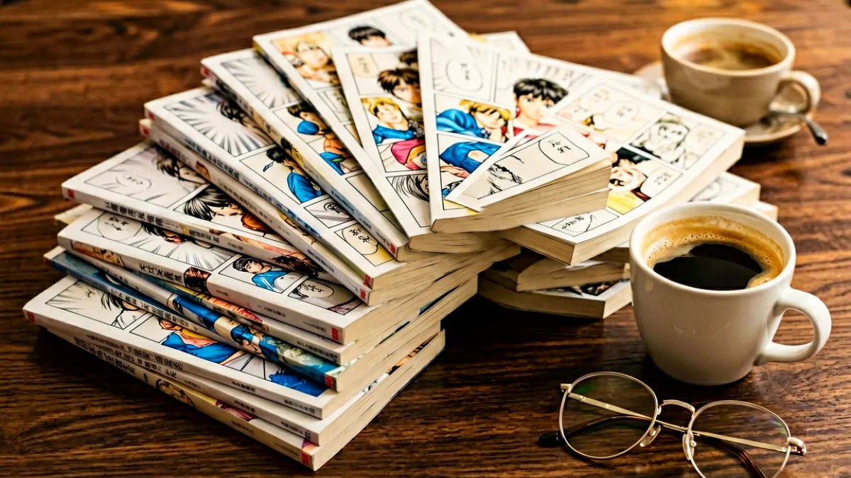 h漫画精选榜单封面图：多本h漫画书册以扇形方式错落排列在深色木质桌面上，旁侧放置一杯咖啡与一副眼镜，整体氛围温暖文艺