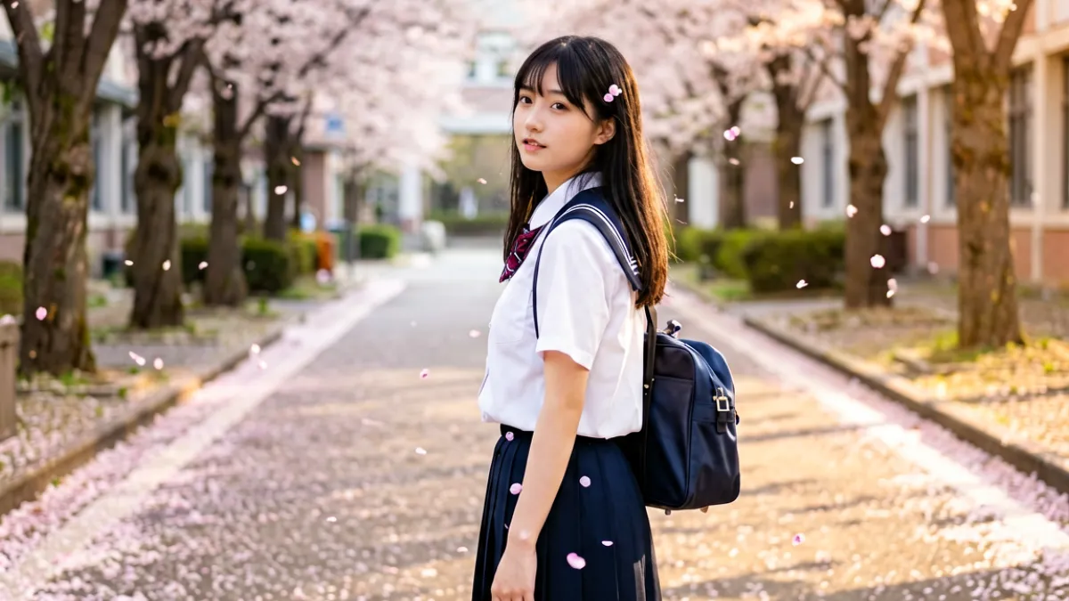 h漫画榜首作品封面图：一位穿校服的少女站在樱花纷飞的街道尽头，回眸微笑，画面色调以暖粉与柔和光影为主，充满青春氛围